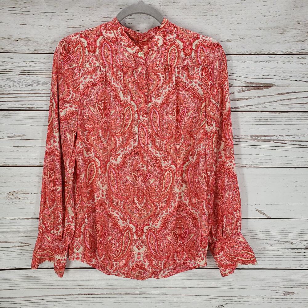 J.Crew Women's Coral Red 100%Silk Paisley Long Sleeve Top Size 4